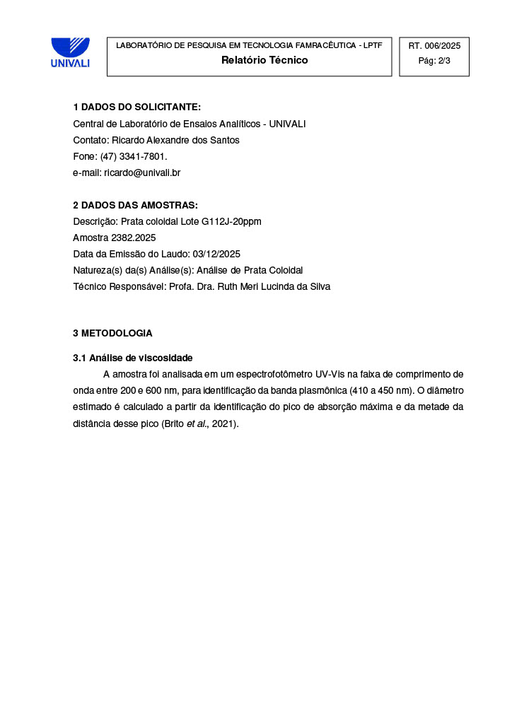 Relatório Técnico LPTF 006/2025, metodologia, espectrofotometria UV-Vis