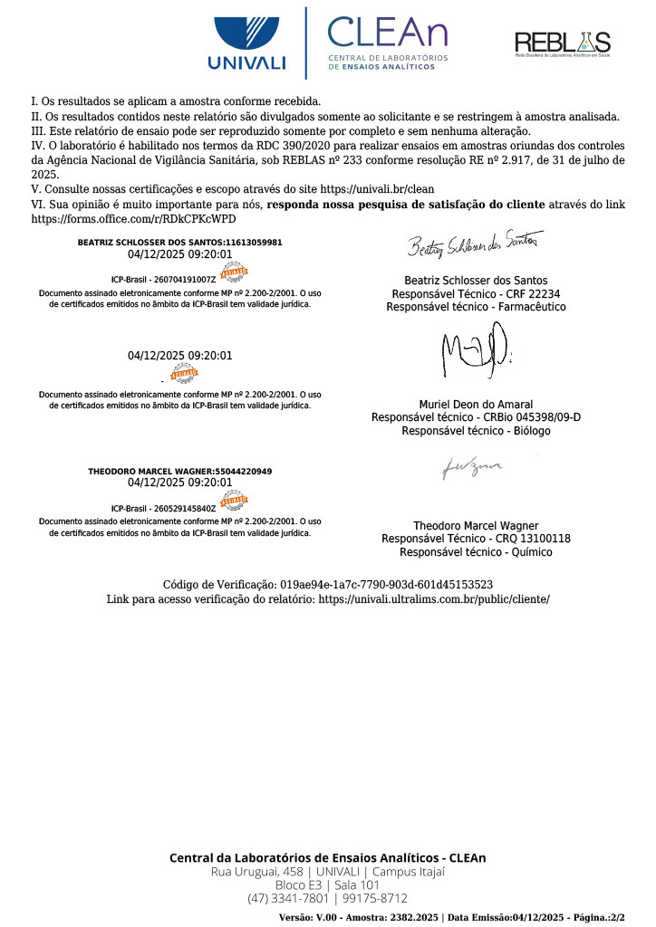 Relatório analítico CLEAn UNIVALI, página 2 de 2, com assinaturas e código de verificação