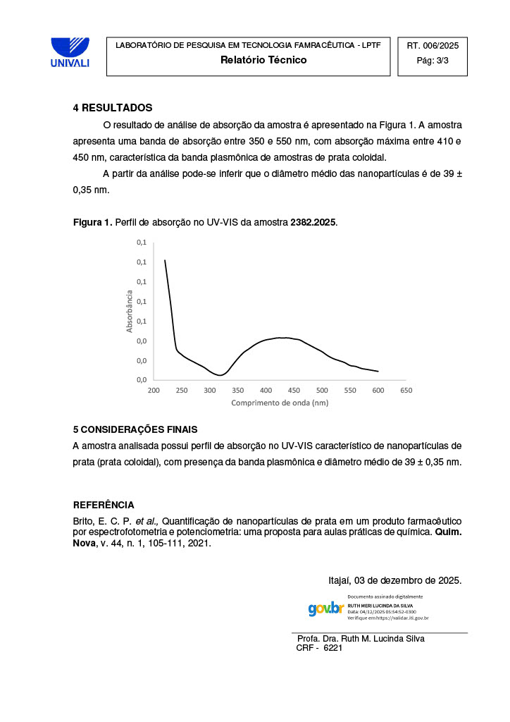 Relatório Técnico LPTF 006/2025, resultados, banda plasmônica e diâmetro de 39 nm