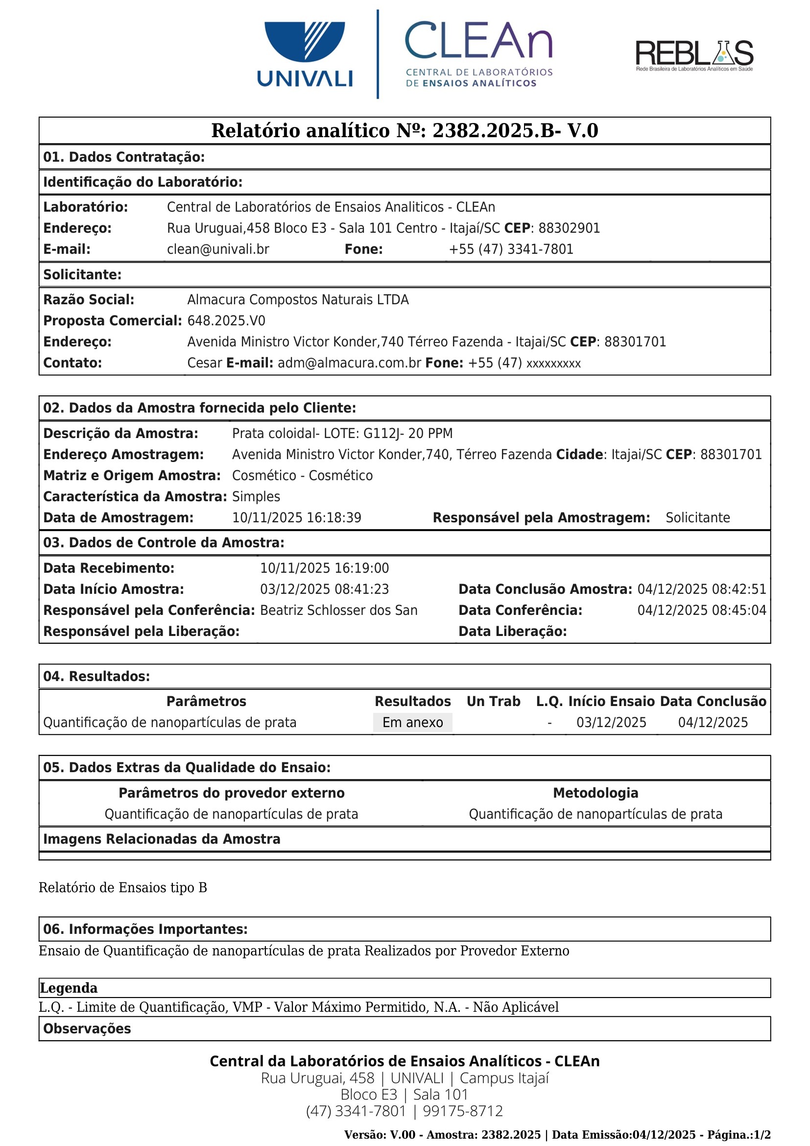 Relatório analítico CLEAn UNIVALI 2382.2025.B, página 1 de 2